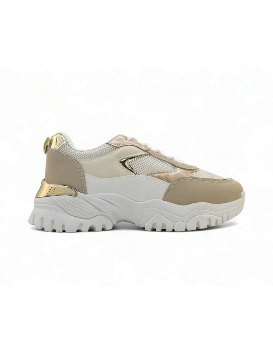 Ademende, comfortabele en lichtgewicht contrasterende kleurblok-pailletten-metalen-decor casual hardloopsneakers