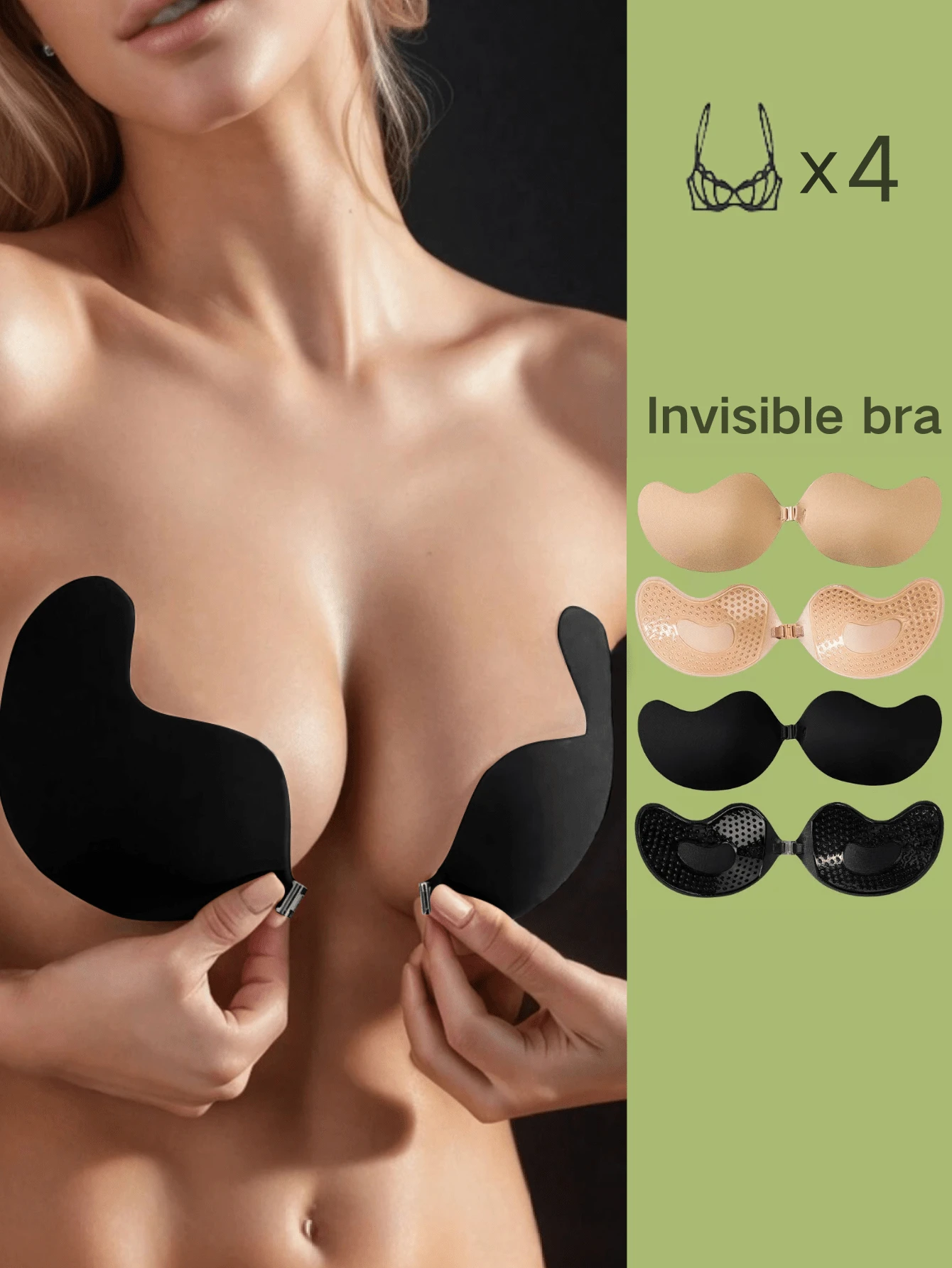 4 Packs Women's Backless Adhesive Bras - Strapless Push Up Bras For Evening Gowns And Backless Dresses, Washable And Reusable