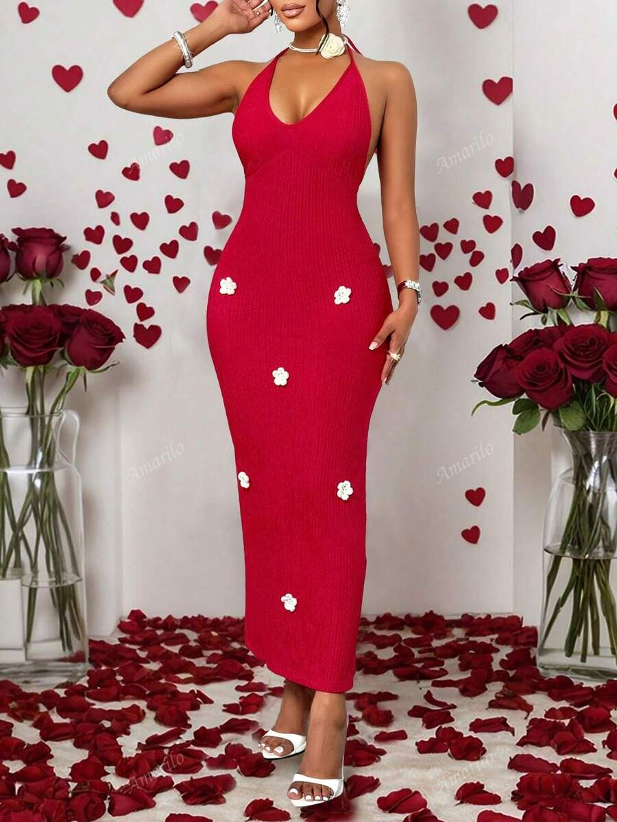Robe femme à col en V profond rouge romantique, sans manches, style ras-du-cou avec décoration de fleurs 3D, pour les vacances/rendez-vous, style long
