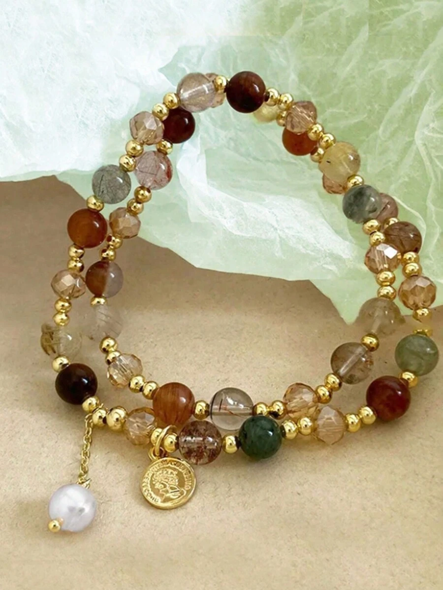 1Pc Vintage Double Layered Crystal Pearl Beaded Bracelet For Women Natural Stone Beads Wrap Bangle Bracelet Jewelry Gifts (Bead Color Random)