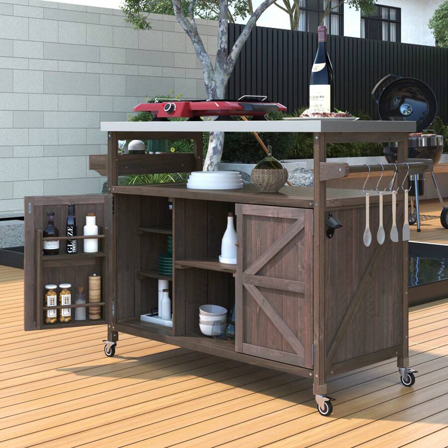 Roomfitters Outdoor Kitchen Island Rolling Bar Cart & Storage Cabinet, Farmhouse Solid Wood Outdoor Grill Table With Stainless Steel Top, Spice Rack, Towel Rack For Kitchen & Barbecue