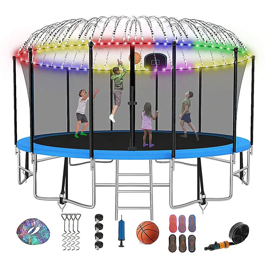 FIZITI 12FT 14FT 16FT Outdoor Trampoline For Ki Ds And Adults, Recreational Backyard 1500LBS Trampoline With Enclosure Net, Ladder, Bonus Sprinkler And LED Lights -ASTM CPC CPSIA Christmas Gifts