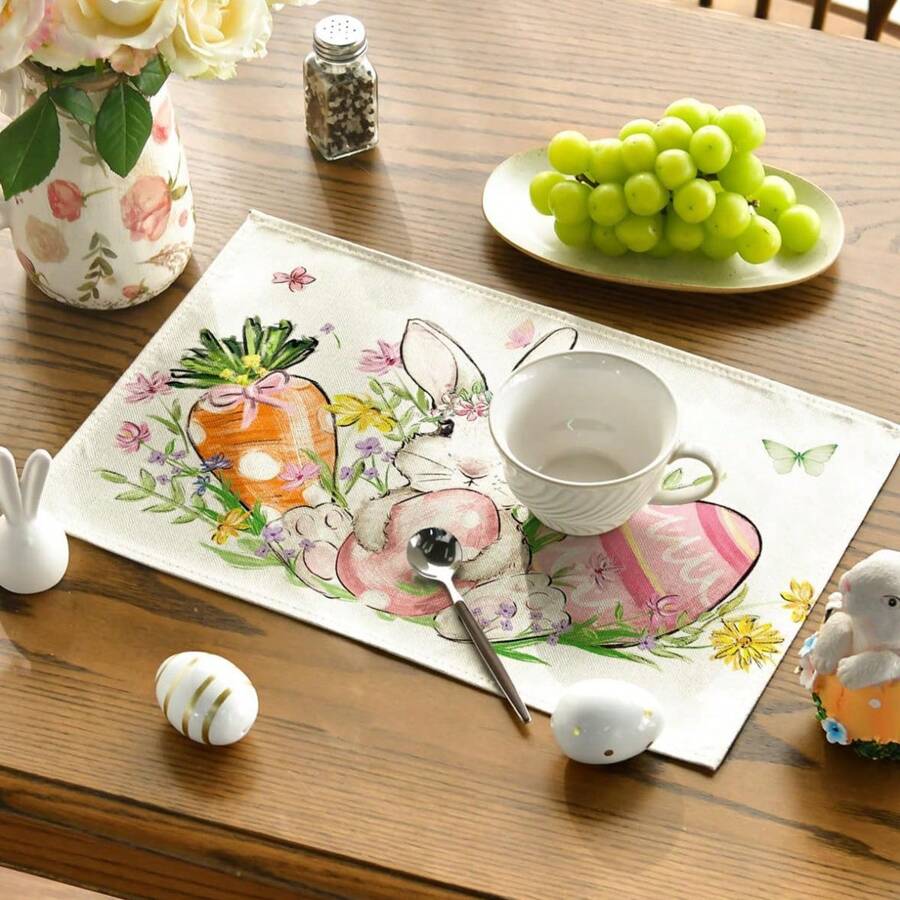 1pc/4pcs Easter Bunny Carrot Egg Linen Placemats, 12"X18" Seasonal Kitchen Dining Table Decor For Party, Home Decoration