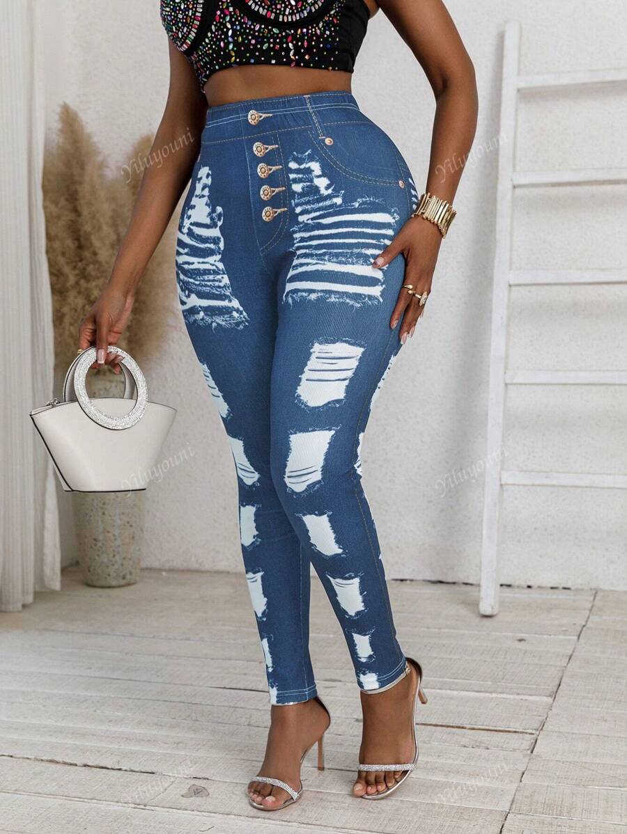 Plus Size Women Denim Effect Printed Ripped Distressed Design Fashionable Elastic Tight Casual Pants