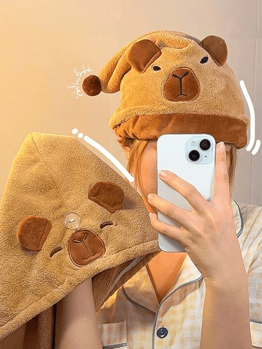 1pc Cute Cartoon Capybara Coral Fleece Hair Drying Hat, Soft & Super Absorbent Sleeping Cap, Cute Capybara Dry Hair Cap Suitable For Long And Short Hair, Women Valentine Gift Birthday Boyfriend Girlfriend Back To SchoolHair Bonnet