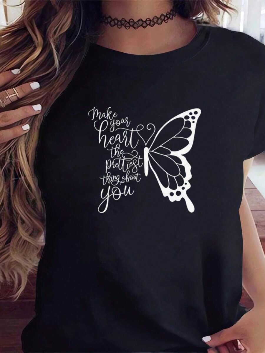Butterfly Print Women's T-Shirts, Breathable And Soft Casual Short Sleeves, Daily Wear Suitable For All Seasons Women's Clothing