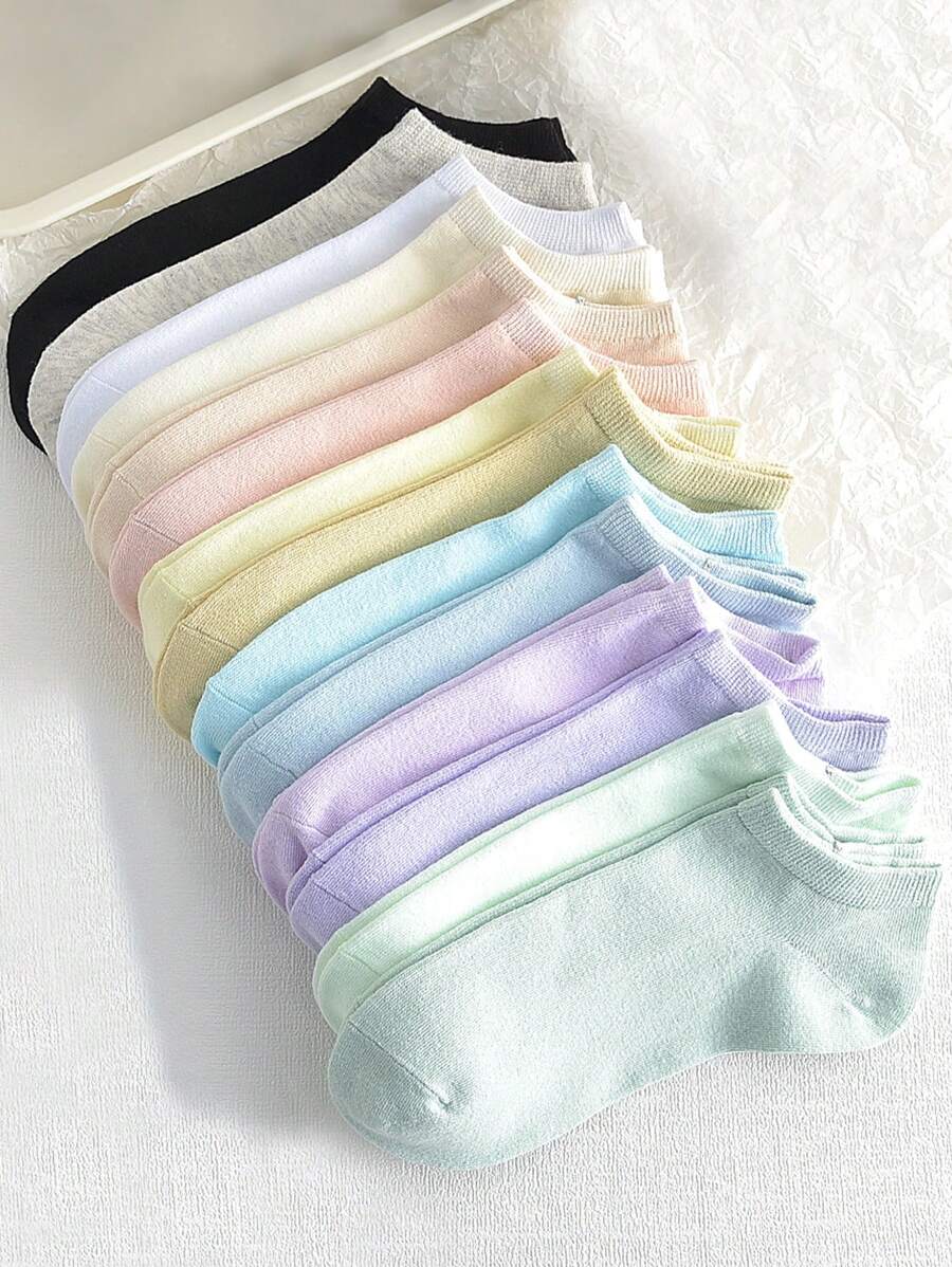 6 pares de calcetines cortos de mujer de color liso, sencillos, casuales, deportivos y versátiles de moda.