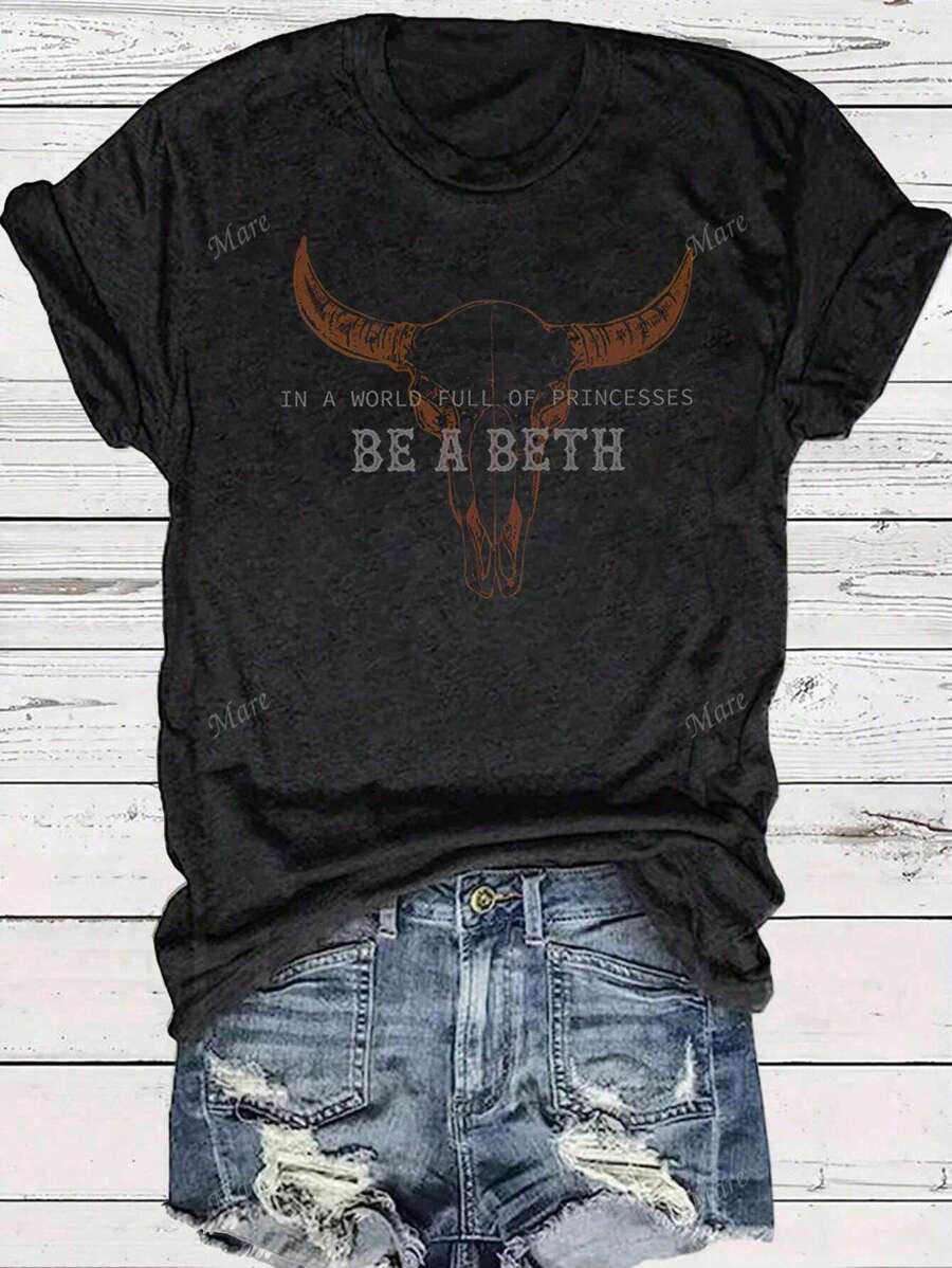 Western Cowboy Vintage Bull Graphic Women Casual Round Neck Short Sleeve T-Shirt