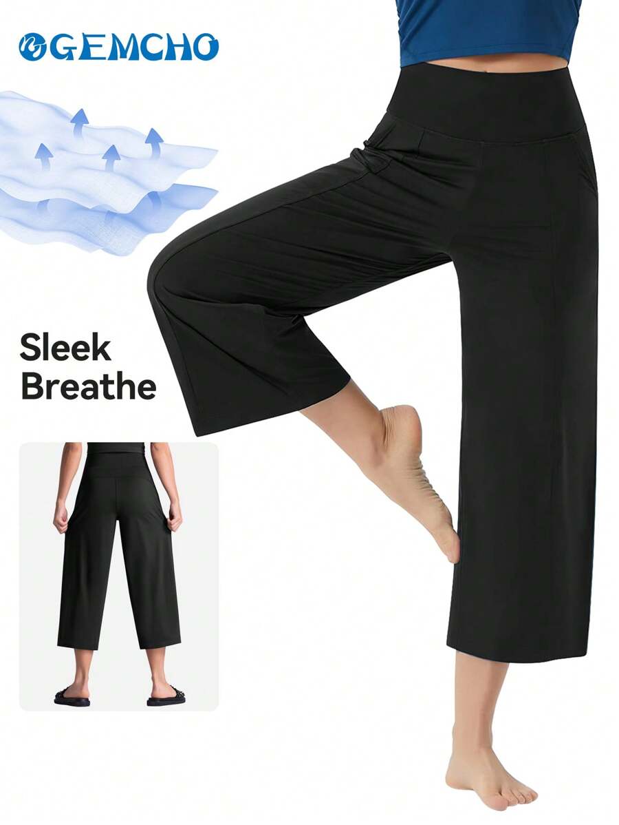 GEMCHO Women' Yoga Ultra Loose Pants With Pockets And Tummy Control High Waist In Flare Crop Spring/Summer