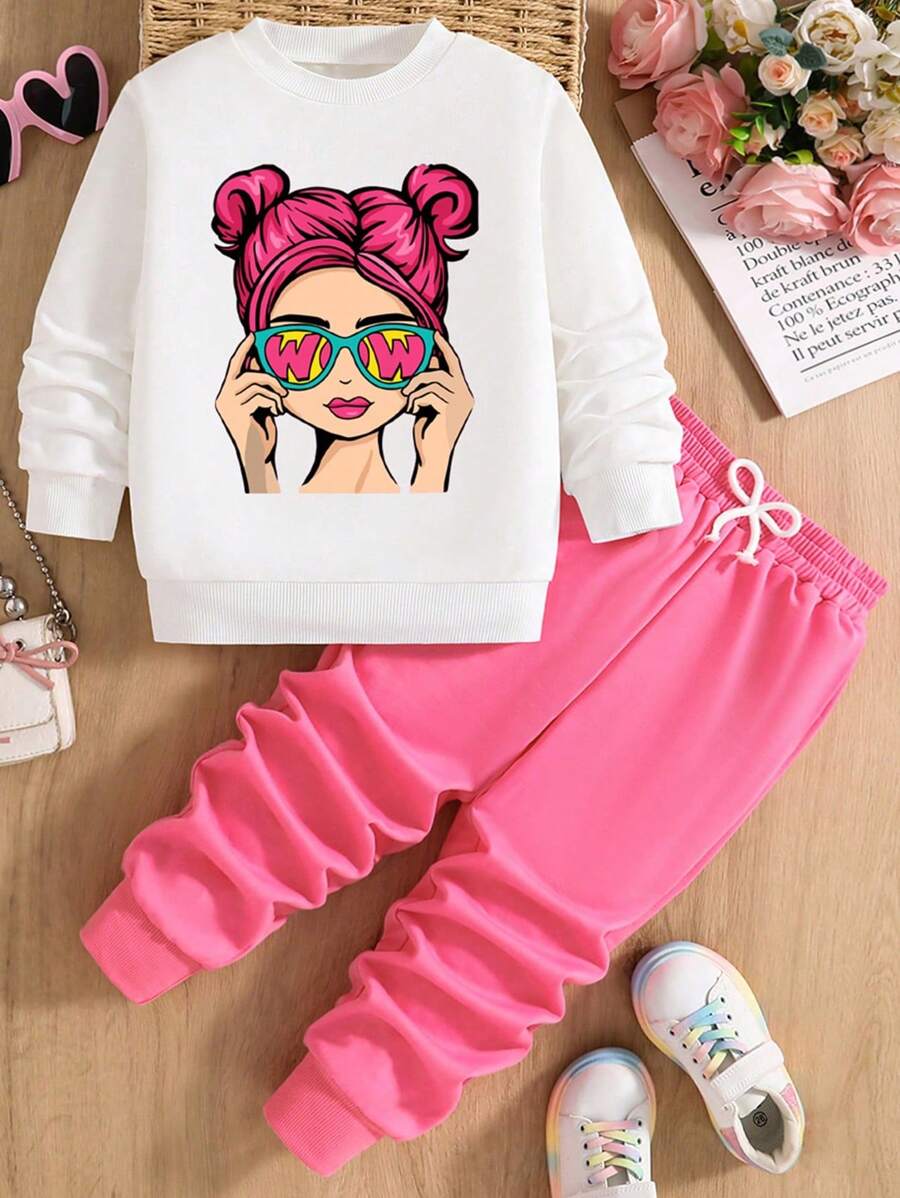 Tween Girls Cartoon Grafische Print Ronde Hals Sweatshirt En Broek