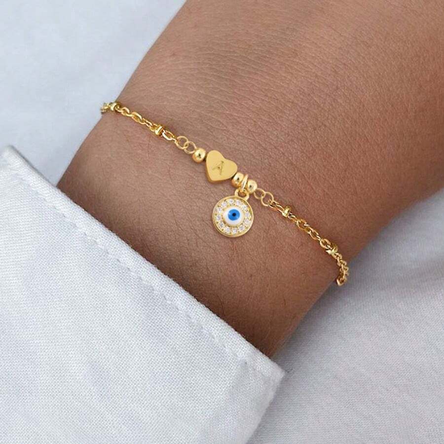 1 pièce Nouveau mode Bracelet en acier inoxydable à chaîne de perles de couleur or avec cubic zirconia cubique et initiale en forme de cœur pour femmes