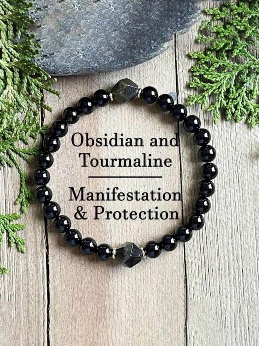 1 Stück Männer Perlenarmband Yoga Meditations Schmuck Mit Schwarzem Turmalin Obsidian Schutz Stretch Armband