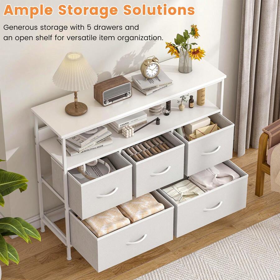 Dresser With 5 Drawers TV Stand, Chest Of Drawers Bedroom, Console Table With Open Shelve For TV, Storage Drawer Unit With Metal Frame And Wooden MDF Top For Bedroom Living Room