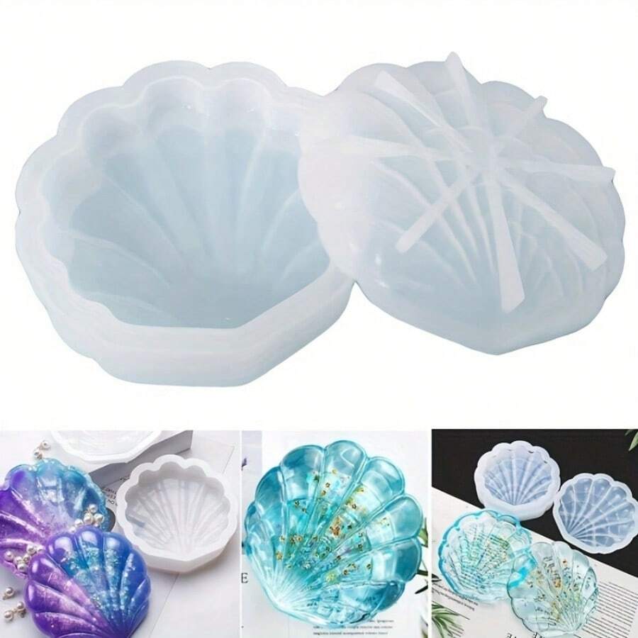 1 set de molde de resina en forma de caja de concha, molde de silicona para caja de almacenamiento de joyas de resina, molde de resina epoxi con forma de concha para manualidades con resina, caja de almacenamiento de conchas DIY