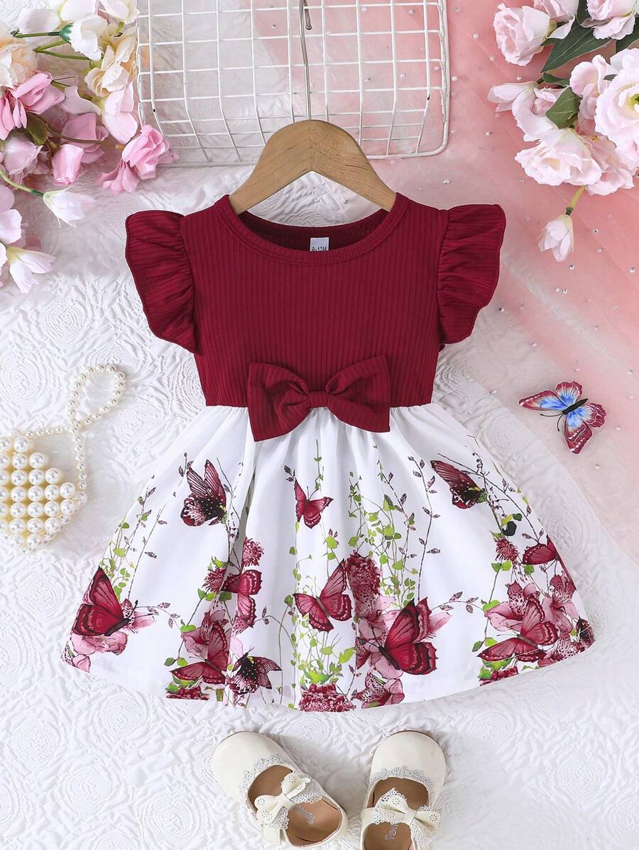 Baby Girl Summer Cap Sleeve Dress, Butterfly Print Patchwork