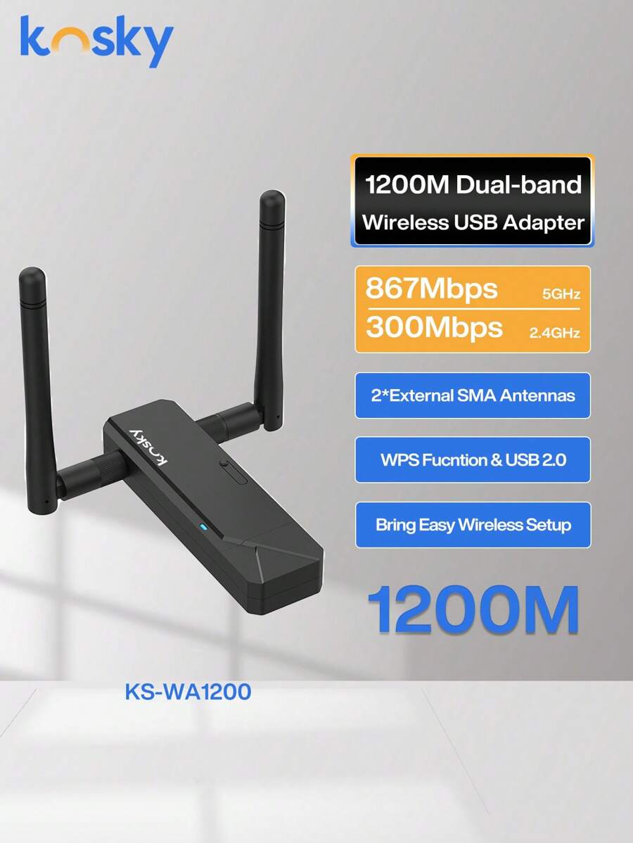 KOSKY Adaptateur WiFi USB sans fil | WiFi 5 | Bande double | 1200 Mbps | 802.11ac | 2* Antenne SMA externe | 2,4 GHz et 5,8 GHz | USB 2.0 | Boostez votre vitesse Internet avec l'adaptateur WiFi USB sans fil 1200 Mbps