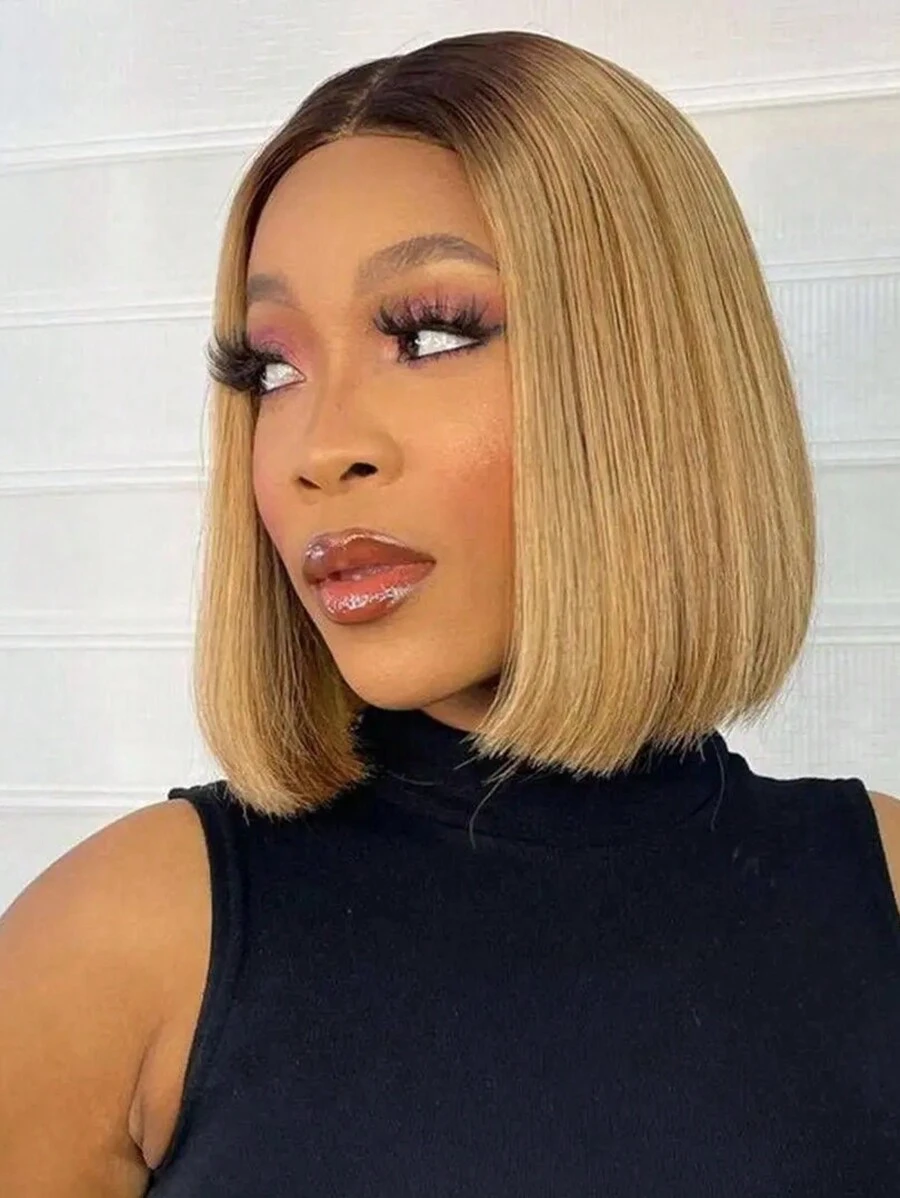Best Selling Women's Synthetic Fiber Wig, Center Parted Bob Gradient Blonde Short Straight Hair, Fashionable Blonde High Temperature Silk Front Lace Wig