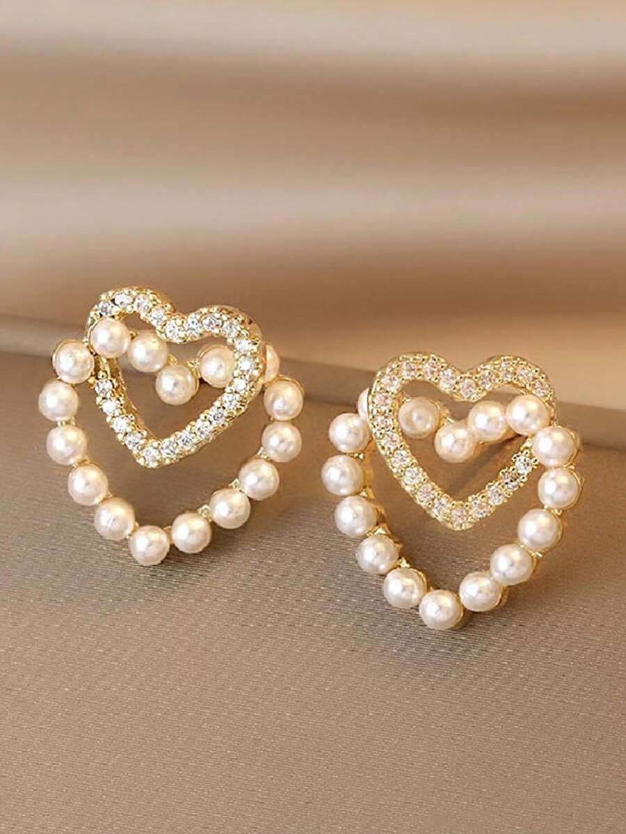1 Pair Minimalist Elegant Vintage Style Rhinestone Faux Pearl Double Heart Stud Earrings, Suitable For Women As Valentine's Day, Wedding, Daily, Holiday Wear Valentines