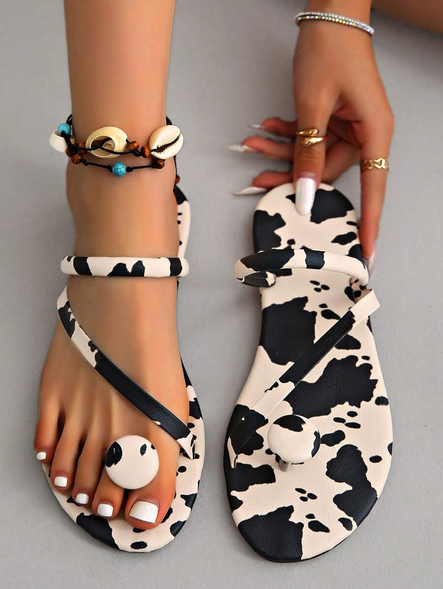 Infradito da donna con suola spessa e stampa mucca, sandali infradito con fibbia rotonda, casual, adatti per uscite estive, passeggiate, feste, versatili e alla moda