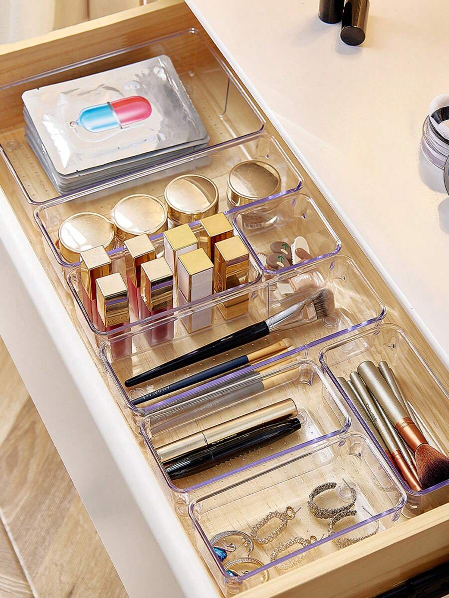 1pc Clear Drawer Makeup Organizer Box With Dividers, Cosmetic Storage Holder For Vanity Table, Perfume Organizer, Lipstick & Eyebrow Pencil Case,For Holiday Beach, Bathroom Collection, Bedroom Collection, Large Capacity
