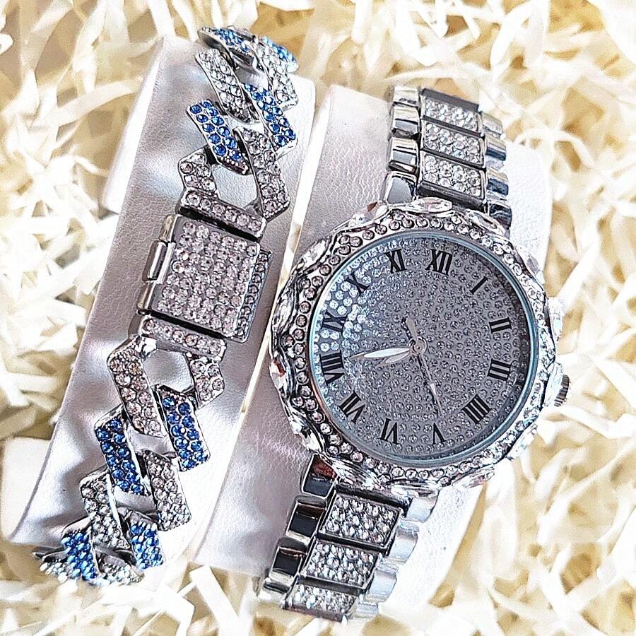 2 pièces/set Style hip-hop mode européenne et américaine Bracelet et montre à quartz pour femmes, cadran orné de strass avec chiffres romains, bracelet en acier inoxydable