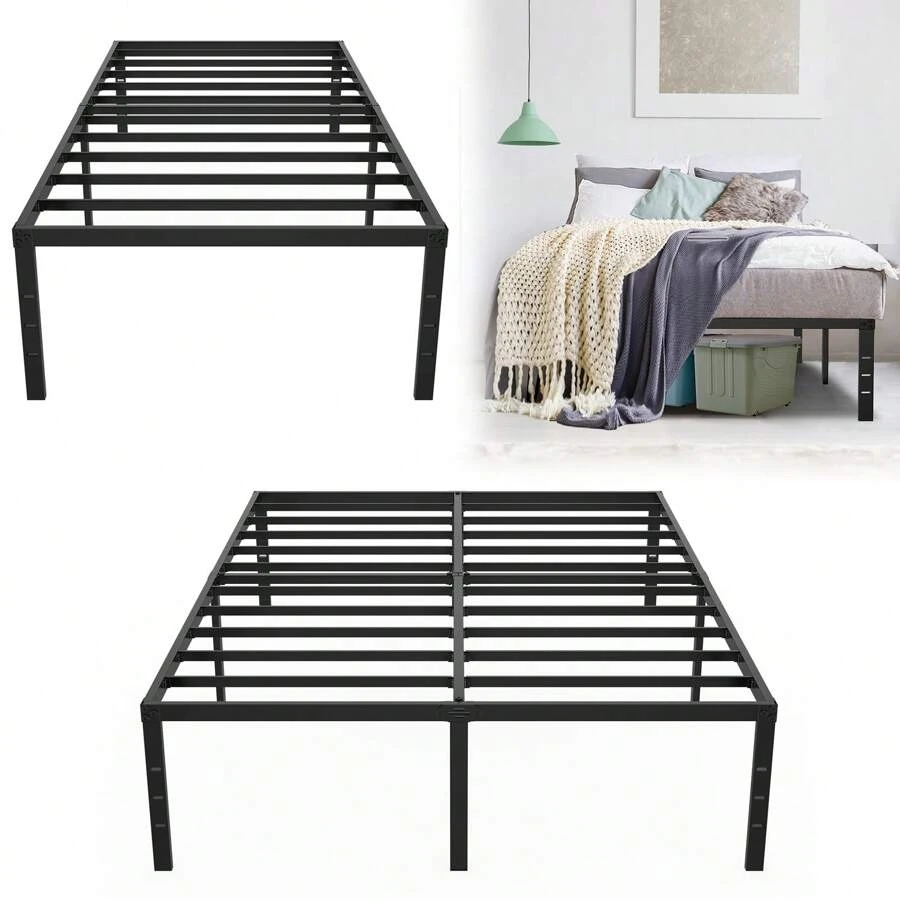 VA-Estructura de cama de metal cerúleo de 41,5 cm de altura con espacio de almacenamiento debajo de la cama - estructura de cama de metal con plataforma para adolescentes y adultos - negro