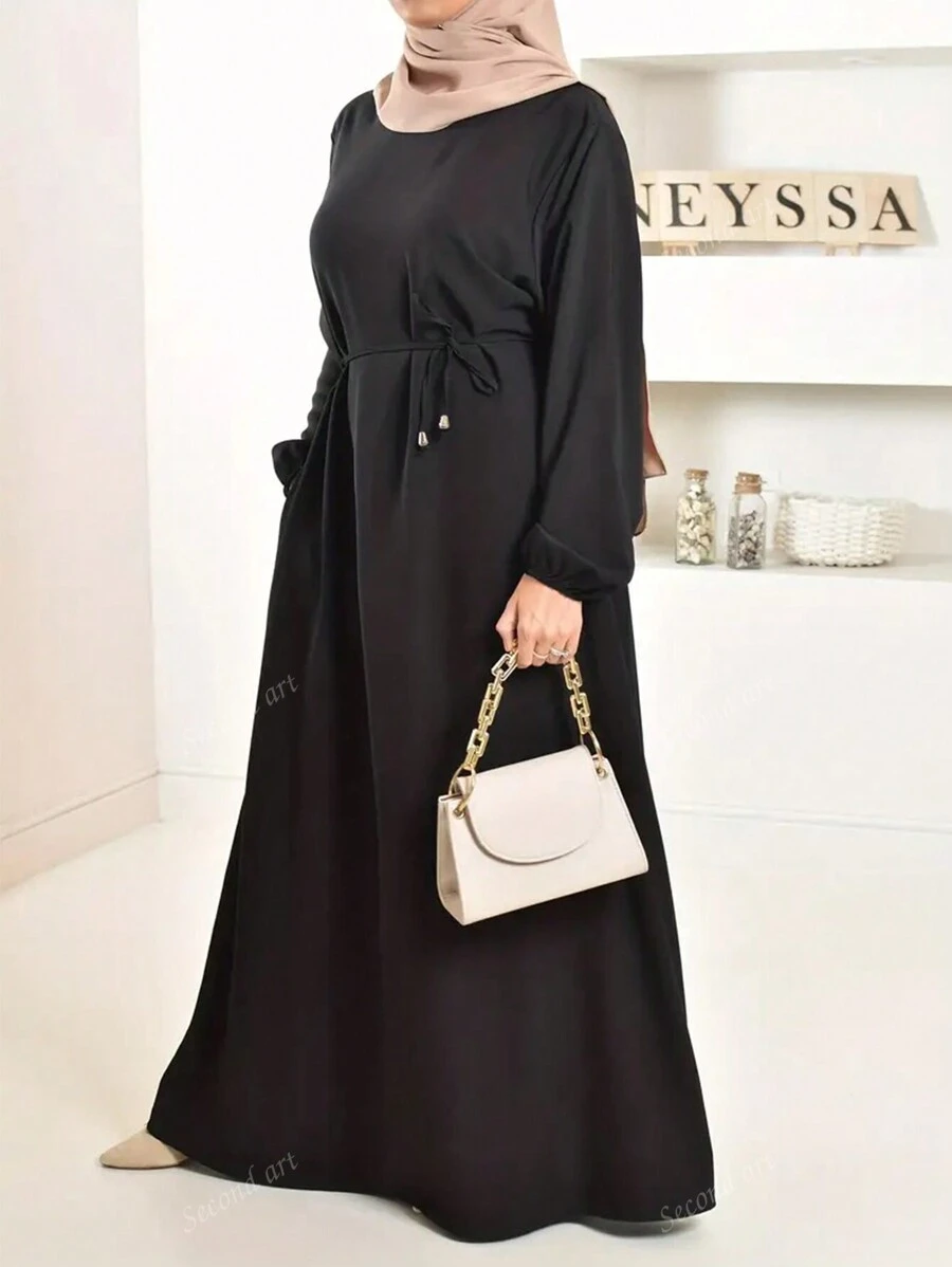 Vestido modesto con mangas de linterna y cinturilla anudada, vestido largo elegante de un solo color, ropa de mujer para el Ramadán