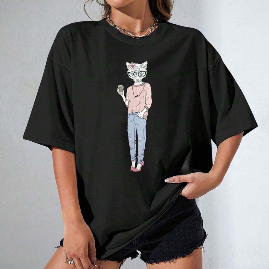 Unisex 100% Cotton Oversized T - Shirt With Stylish Cat - Lady Graphic