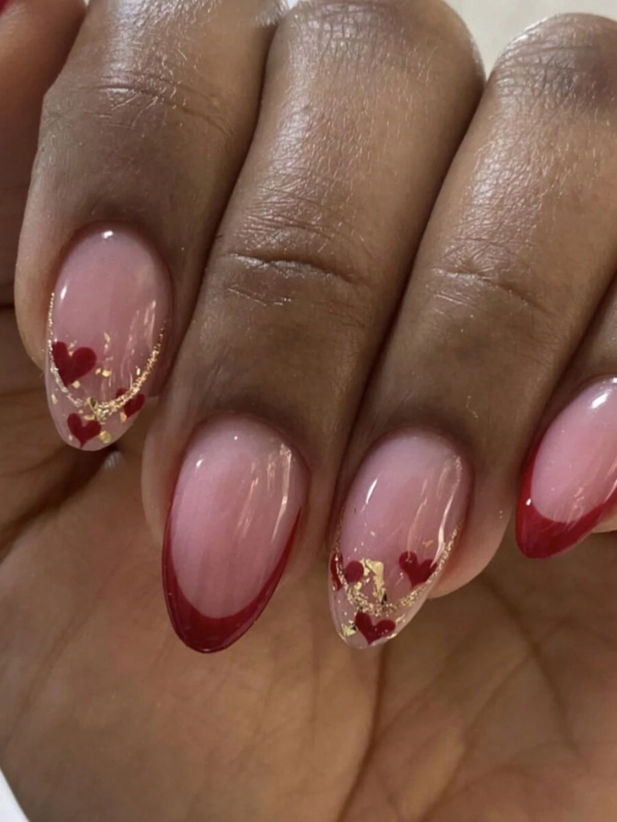 Valentines Nails 24pcs French Red Nails Short Almond Shape Press On Nails Valentine's Day Fake Nails Red Heart Nails Art Pink Nails Glitter Fake Nails Includes 1sheet Adhesive Tabs & 1pc Mini File