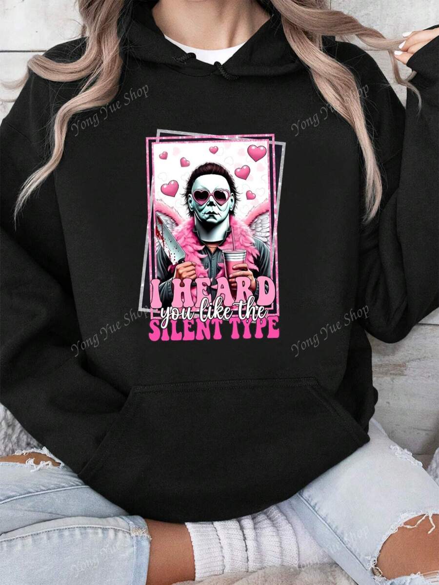 Valentine's Day, Scary Valentine's Day Gifts, I Heard You Like Silent Type, Pattern, Print, Autumn/Winter Warm Windproof Sport Top, Women's Hoodie, Kangaroo Pocket Casual Hoodie
