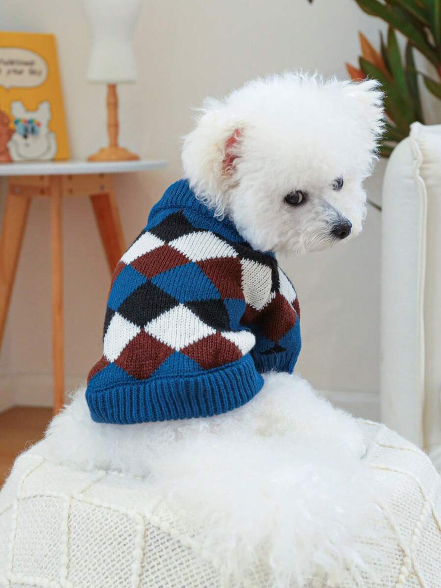 1pc Pet Clothing, Dog/Cat Apparel, Autumn/Winter Warm, Soft & Comfortable Blue And Coffee Plaid Sweater