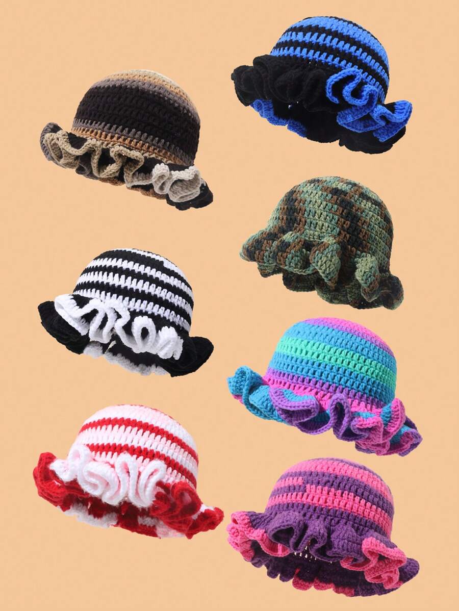 1pc Contrast Color Knitted Large Ruffle Brim Handmade Crochet Beanie (Hat Color Random)