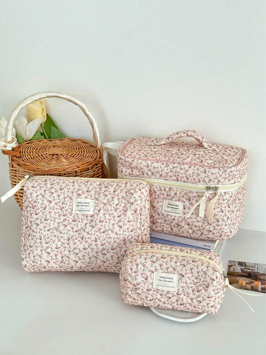 Neceser de maquillaje de terciopelo con estampado floral, bolsa con cremallera de tela con estampado floral, organizador de artículos de tocador de estilo campestre lindo para uso diario, hogar o viaje