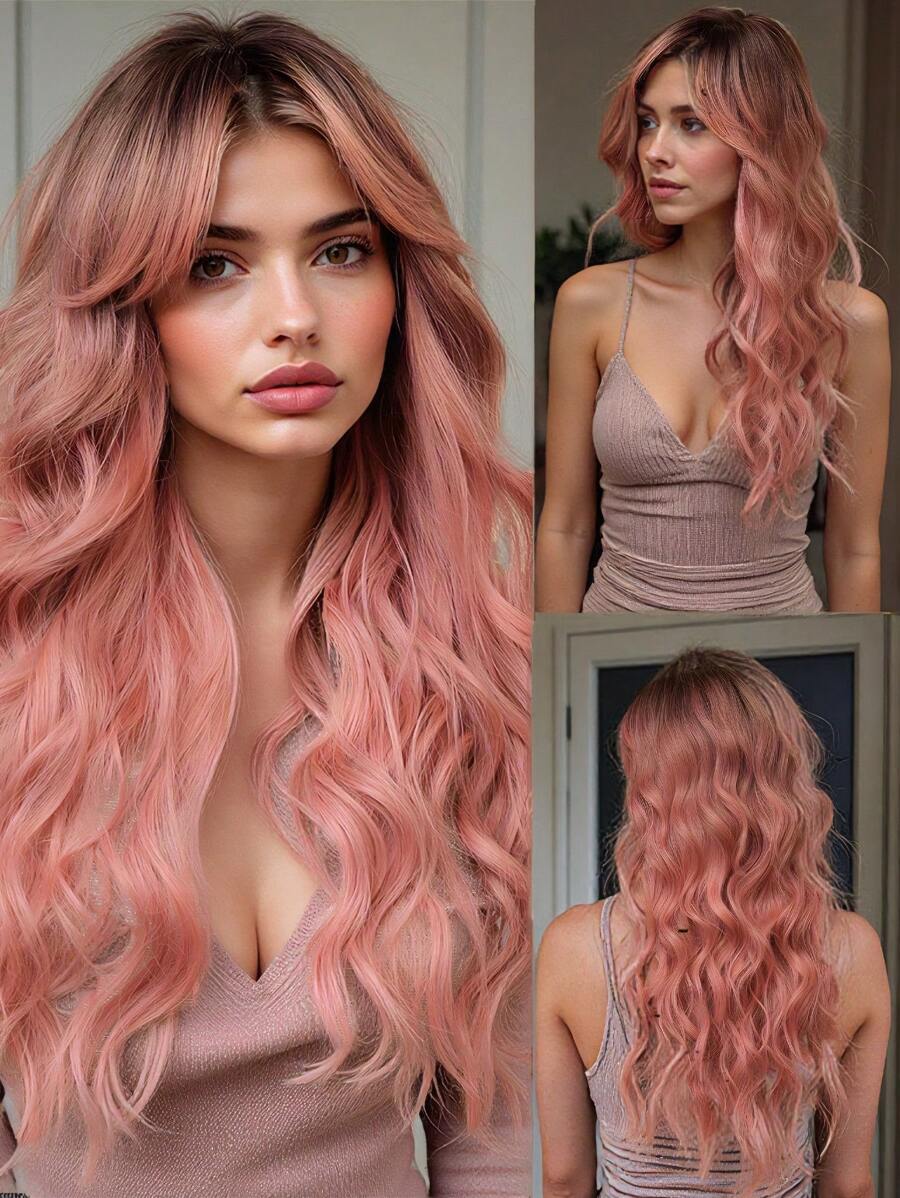 Perruque synthétique à mèches papillon de 26 pouces, perruque bouclée longue rose avec franges, cheveux en fibre synthétique, perruque de remplacement de cheveux pour femmes et filles, perruque synthétique sans dentelle