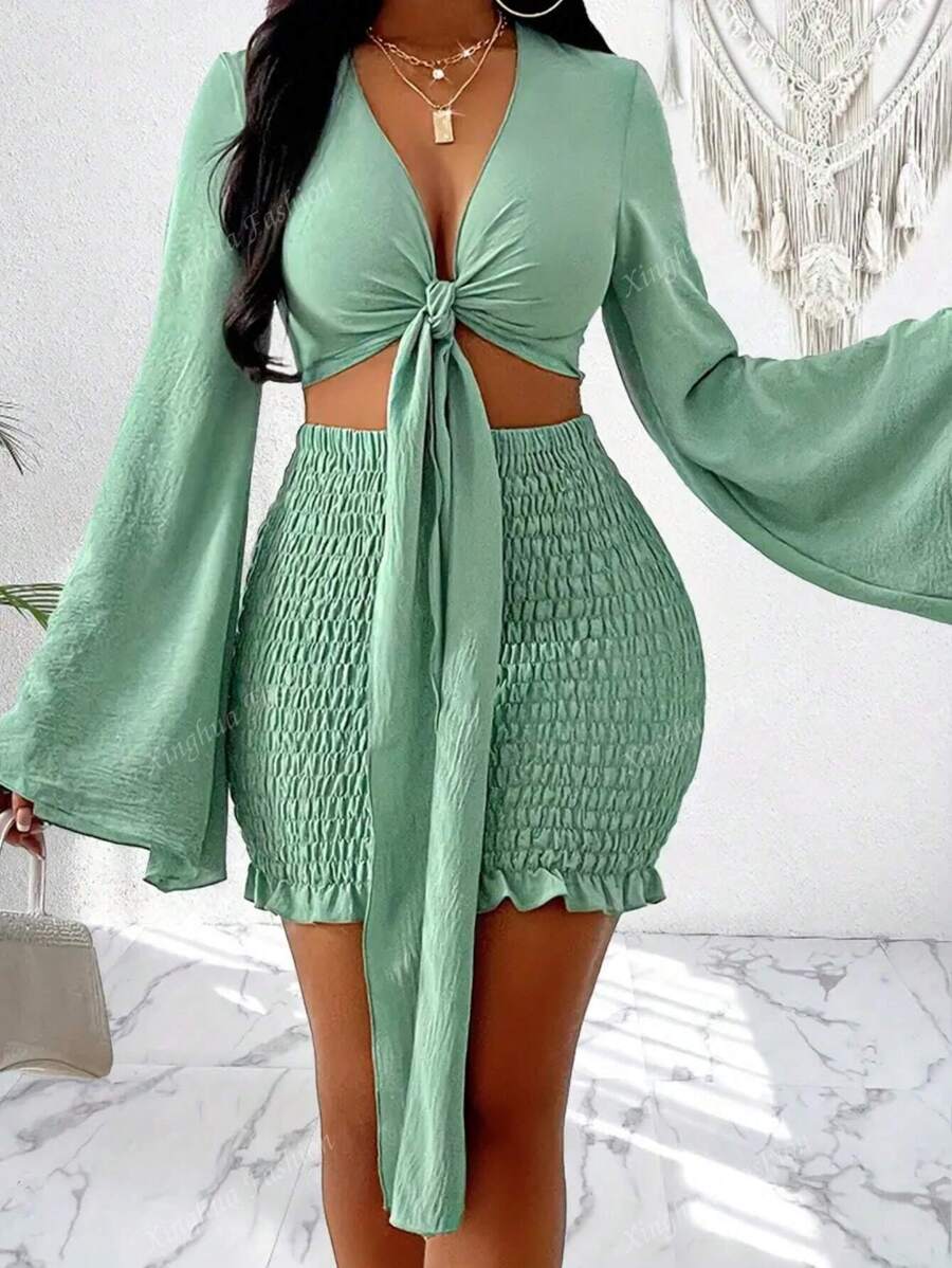 Women Summer Holiday Solid Color Tied Front Crop Flare Sleeve Top And Shirred Bodycon Mini Skirt Set
