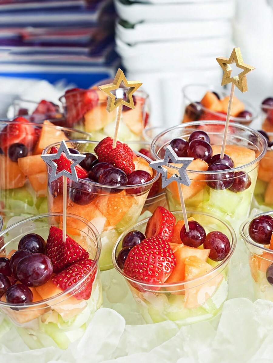 10pcs Gold & Silver Star Bamboo Skewers, 5.5 Inch Long Cocktail Fruit And Food Picks, Party Supplies For New Year, Birthday Celebrations, Holiday Events, Appetizers, Food And Drink Decoration, General Festive Party Tableware, Suitable For Desserts And Fruits