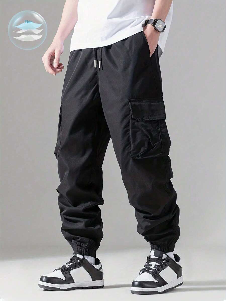 Plus Size Men's Solid Black Drawstring Pocket Casual Cargo Pants