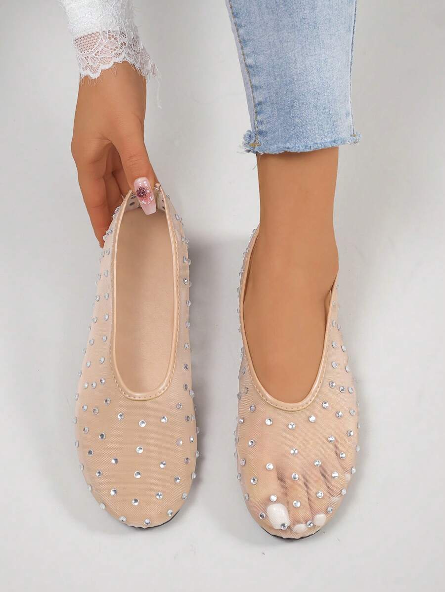 RALSWNAY Sandales plates brillantes en maille pour femmes, chaussures respirantes et confortables décorées de strass