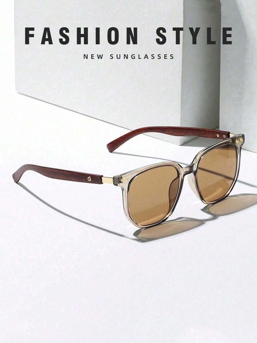 Men's Premium Retro Square Frame Fashion Glasses With Thick Faux Wood-Grain Temples, Stylish & Versatile Fashion Glasses For Party, Daily Wear, Travel & Holiday