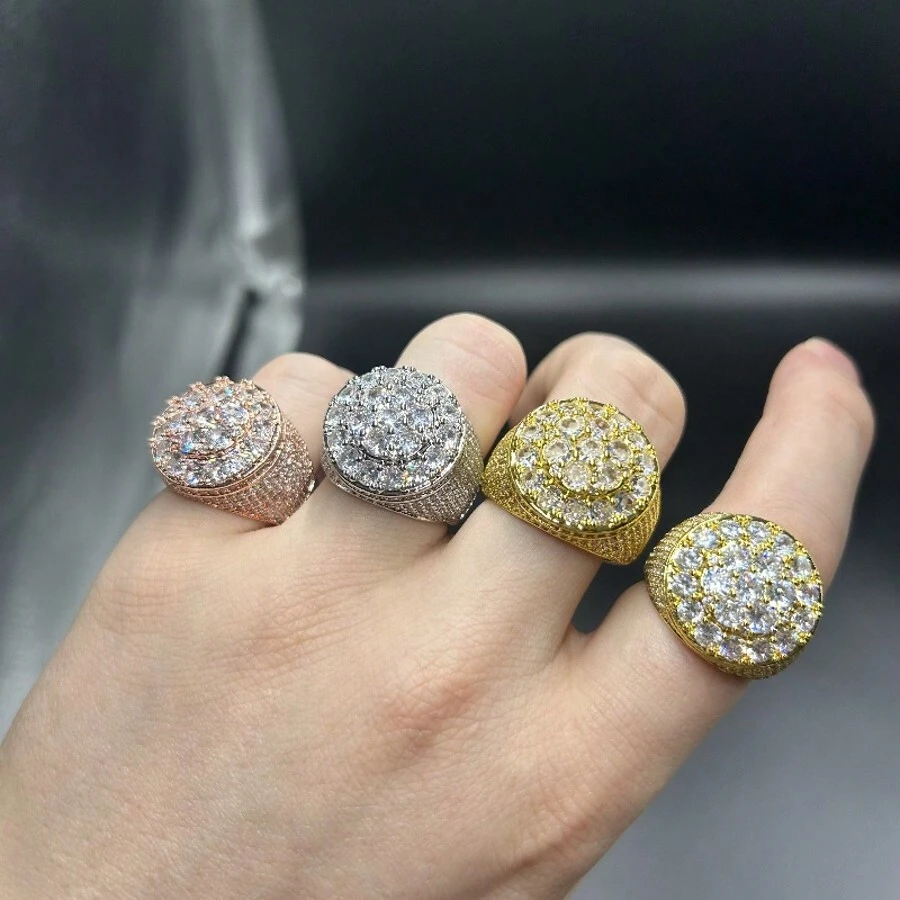 European And American Hip-Hop Style 3-Circle Zirconia Unique Ring, Shiny Brass Fully Zirconia Hiphop Jewelry