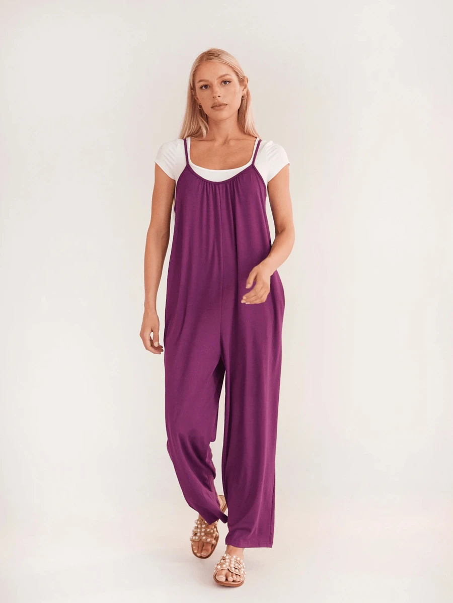 New Women's Pants Solid Color Pockets Loose Casual Halter Jumpsuit