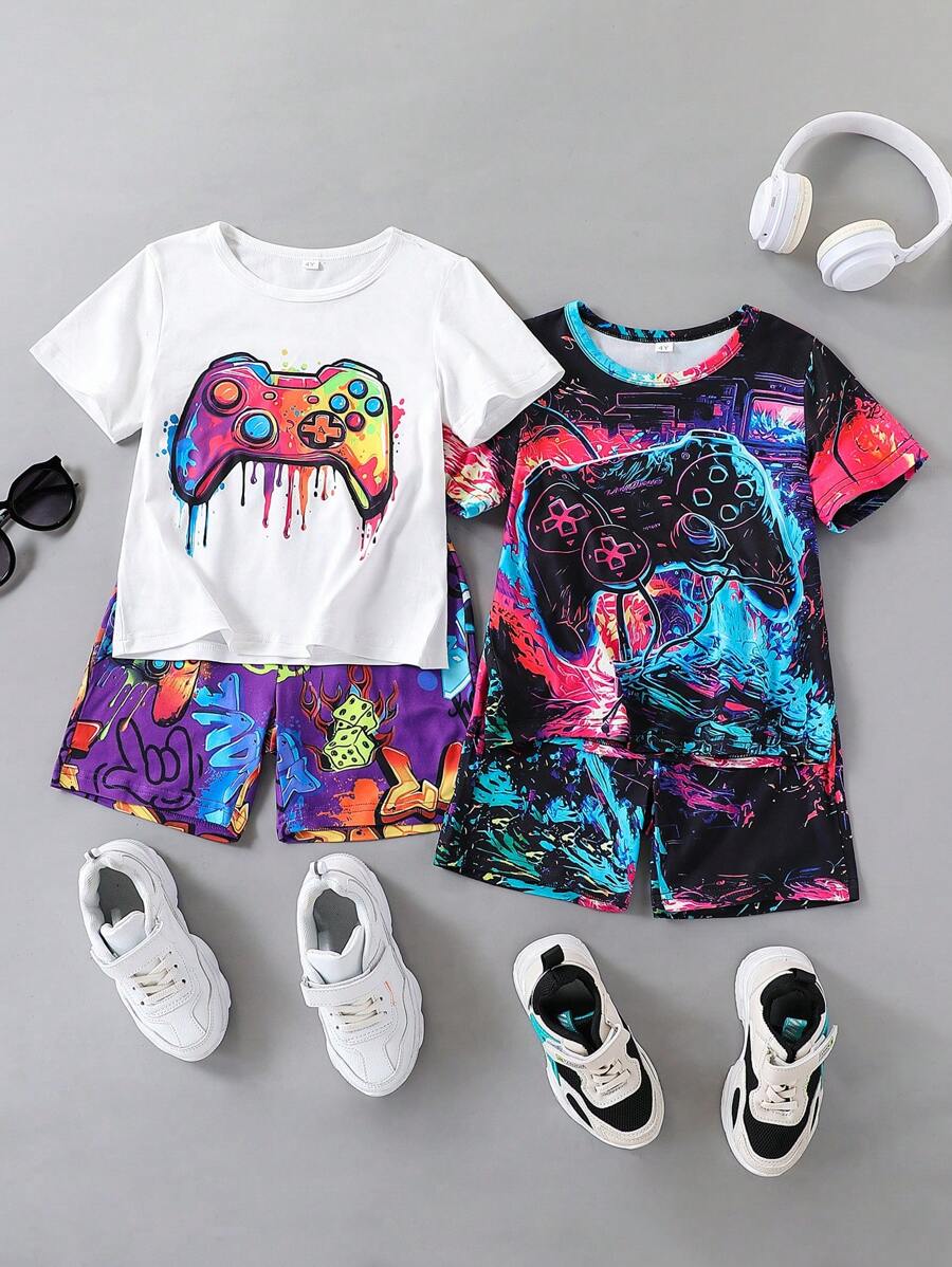 4pcs/Set Young Boy Gaming Controller Printed Short Sleeve Crew Neck T-Shirt And Shorts Set, Casual Leisure Suitable For Summer Sports Outdoor