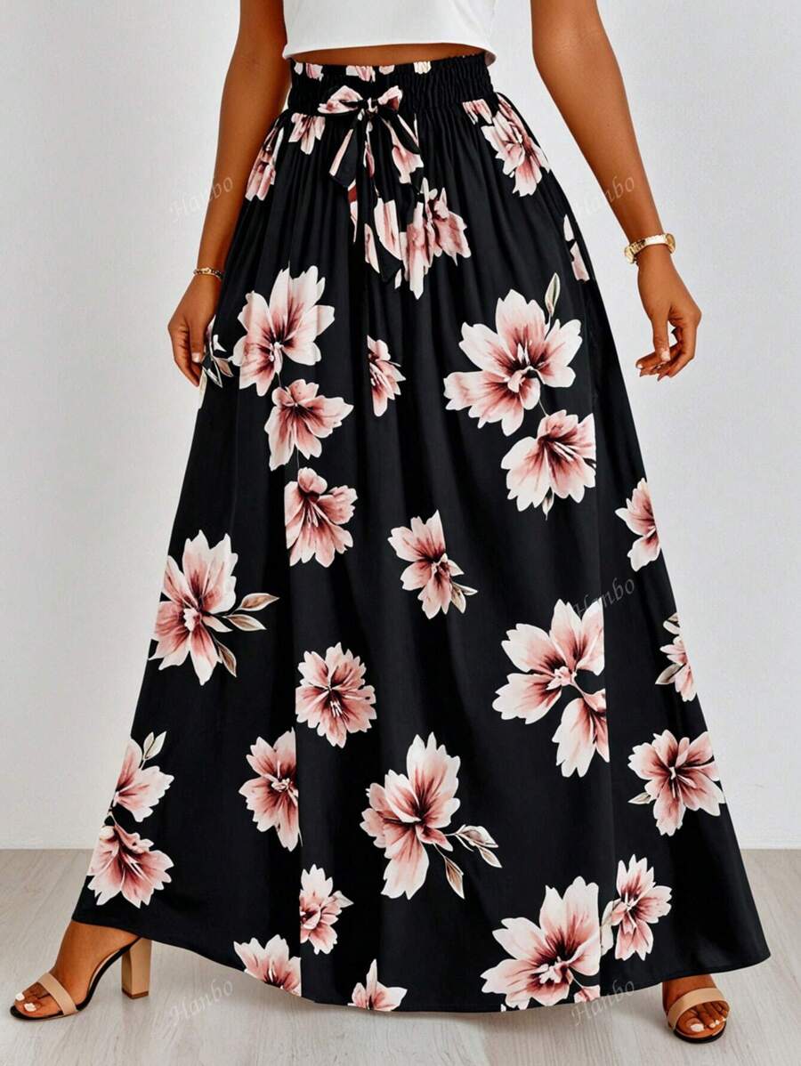 Plus Size Casual Floral Print Long Skirt