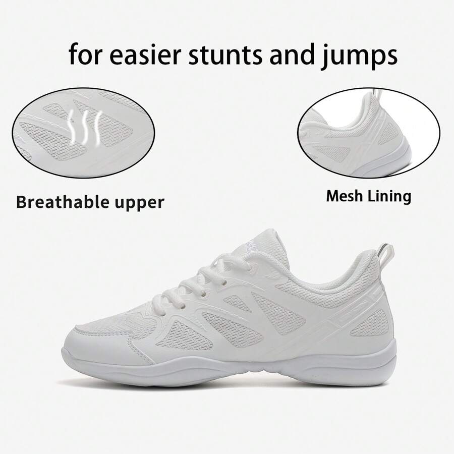 Women's Cheerleading Footprint Mesh Breathable White Round Toe Low-Top Flat Cheer Practice Sports Shoes