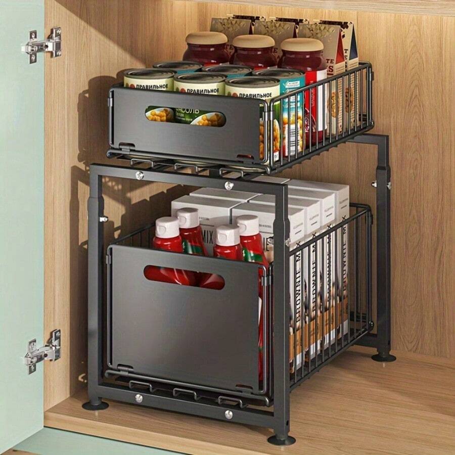 2 Tier Pull Out Storage Rack With Suction Cups, Adjustable Cabinet Built-In Shelf Bathroom Drawer Organizer For Kitchen, Bathroom, Etc.