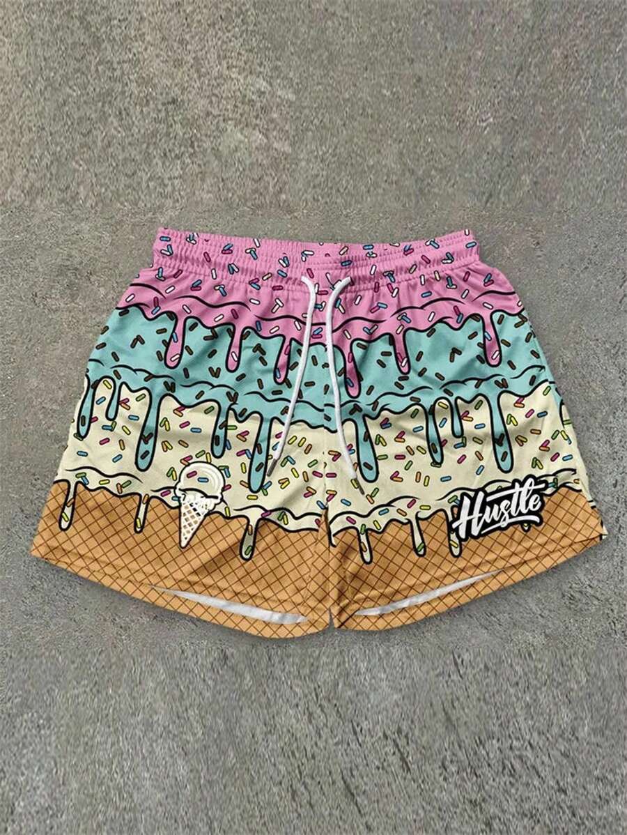 Pantalones cortos casuales de hombre de secado rápido con cordón y color de contraste, adecuados para uso diario, vacaciones y playa
