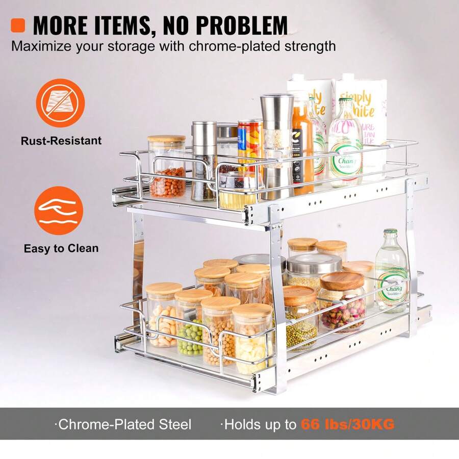Tier 14"W X 21"D Pull Out Cabinet Organizer, Heavy Duty Slide Out Pantry Shelves, Chrome-Plated Steel Roll Out Drawers, Sliding Drawer Storage For Inside Kitchen Cabinet, Bathroom, Under Sink, Kitchen Storage Rack For Pots, Pans & Lids - Durable Organizer With Adjustable Dividers, Ideal For Cabinet Organization, Includes Space For Cutting Boards & Grilling Accessories, Utensil Organization, Adaptable Shelf, Versatile Organizer, Kitchen Organizers And Storage