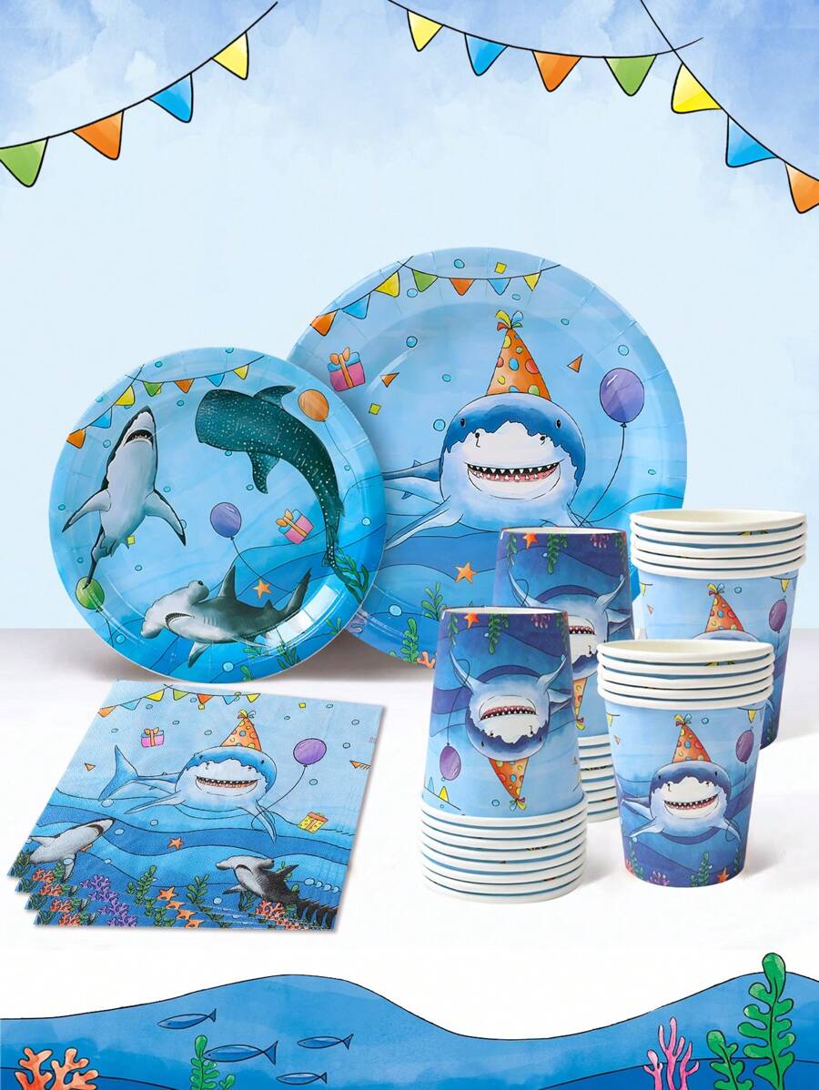 40pcs/Set Marine Shark Theme Disposable Tableware Set, Underwater World Blue Shark Party Decoration Birthday Decoration Disposable Tableware, Birthday Gift Party Favor, Summer Pool Party Disposable Food Container, Kitchen Food Tray Cake Tray Disposable Plates, Babe Shower Decor, Party Beverage Cup Water Cup
