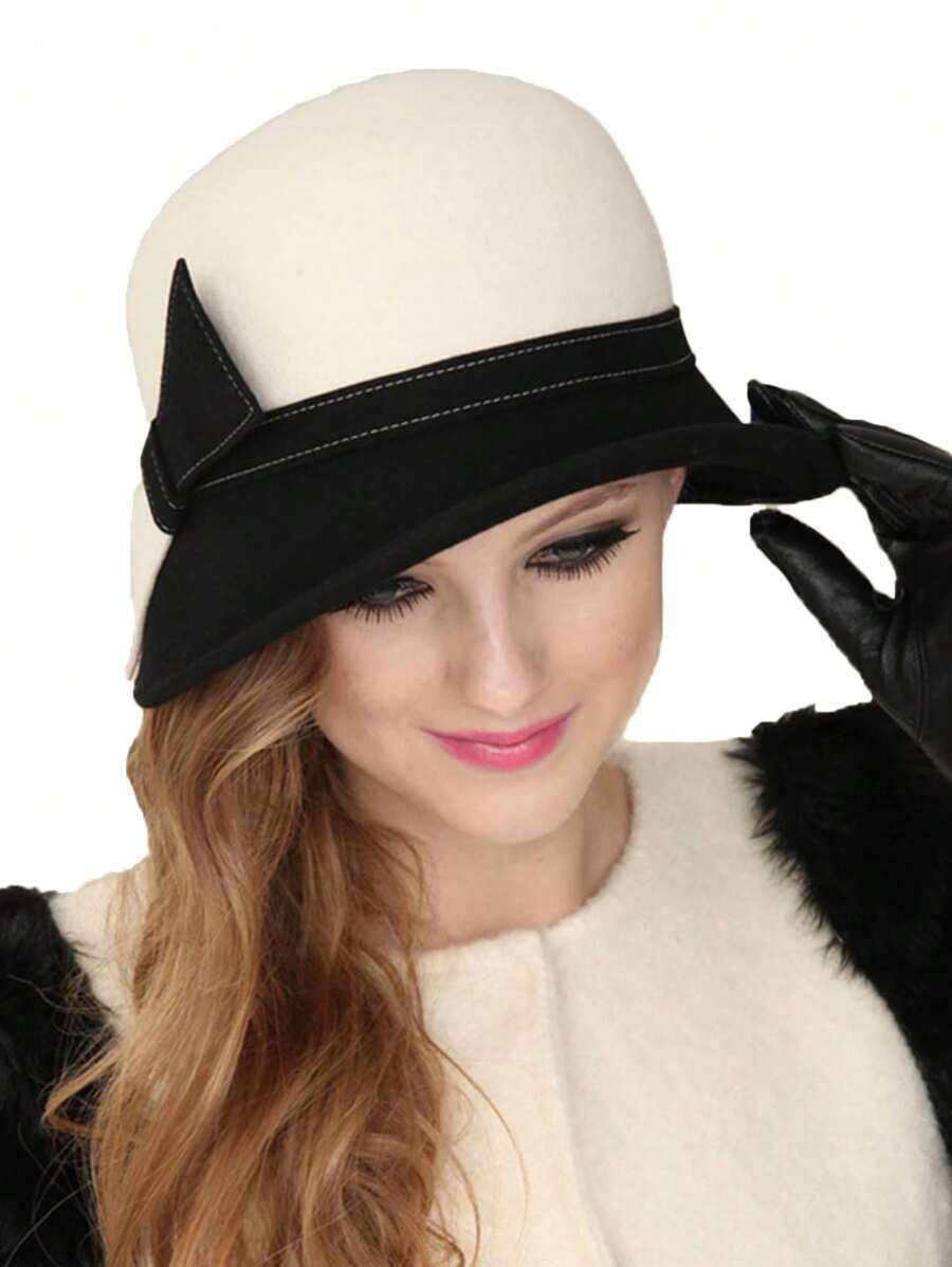 HIMESPORT Sombrero de fieltro de lana blanco de ala ancha con lazo para mujer y dama. Sombrero de copa, sombrero de fieltro, sombrero para fiestas de té, vestidos de boda, iglesia, carreras de Derby, sombrero de cóctel, sombrero de pillbox