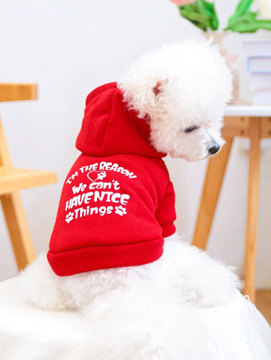 1pc Pet Clothing, Dog/Cat Apparel, Plain Hoodie Sweatshirt With Print Design For Small To Medium Sized Dogs, Hooded Sweatshirt In Red